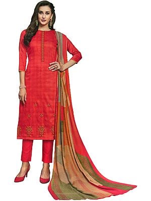 Calypso-Coral Long Trouser Salwar-Kameez Suit with Embroidery and Multicolor Printed Dupatta