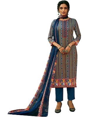Sailor-Blue Salwar Kameez Suit- All Over Printed Kameez with Long Trousers and Printed Dupatta