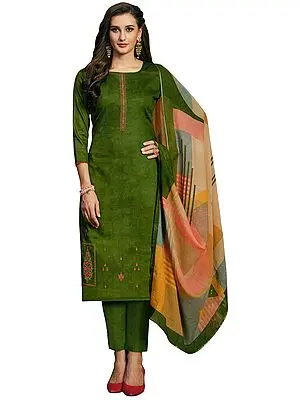 Treetop-Green Long Trouser Salwar-Kameez Suit with Embroidery and Multicolor Printed Dupatta
