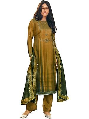 Bronze-Brown Palazzo Salwar- Kameez Suit with Zari-Embroidery and Gray Woven Dupatta