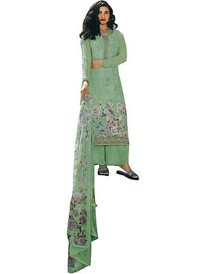 Pastel-Green Floral Printed Salwar-Kameez Suit with Embroidery on Neck and Chiffon Floral printed Dupatta