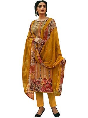 Sunflower-Yellow All-Over Printed Kameez with Long Trousers and Printed Dupatta