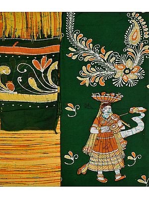 Green and Yellow Batik Salwar Kameez Fabric with Printed Village Lady