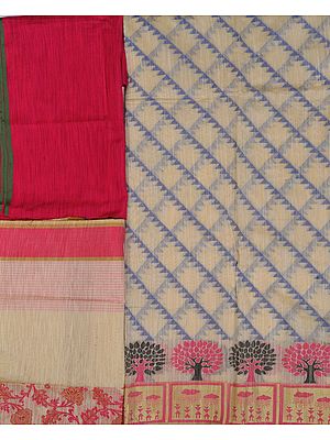 Off-White Salwar Kameez Banarasi Fabric with Woven Trees on Border