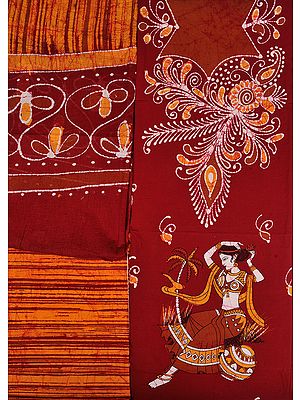 Maroon and Apricot Batik Salwar Kameez Fabric with Printed Village Belle