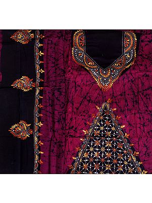 Magenta-Purple Batik Salwar Kameez Fabric from Bengal with Kantha Hand-Embroidery
