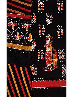 Jet-Black Salwar Kameez Fabric with Batik-Print and Lady Holding Pitcher