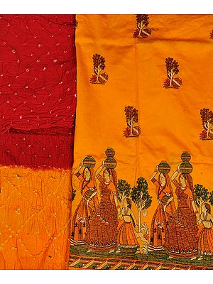 Marigold and Red Salwar Kameez Fabric from Gujarat with Embroidered Ladies