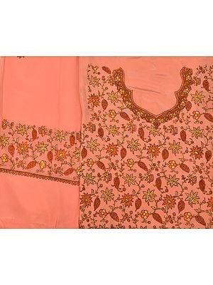 Peach-Pink Kashmiri Salwar Kameez Fabric with Floral Needle-Embroidery by Hand