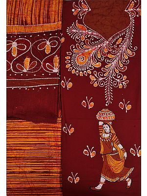 Maroon and Nugget Printed Batik Salwar Kameez Fabric with Floral Neck and Village Belle