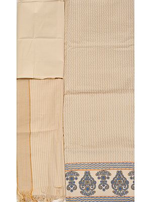Ivory Kasavu Salwar Kameez Fabric from Kerala with Zari-Embroidery on Border and Zigzag Stripes