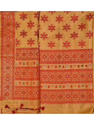 Italian-Straw and Red Suit Fabric with Dupatta from Assam with Woven Floral Motifs