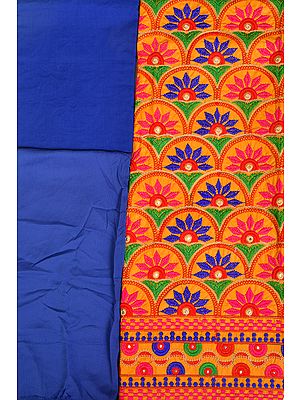 Amber and Blue Salwar Kameez Fabric with Floral-Embroidery and Mirrors