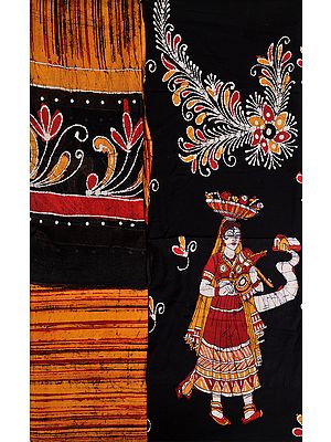 Black and Orange Batik Salwar Kameez Fabric with Printed Lady Selling Toys