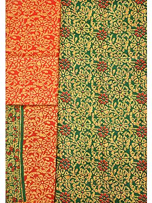 Green and Red Foral-Printed Salwar Kameez Fabric