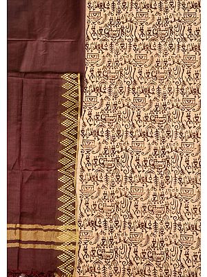 Off-White and Chocolate Salwar Kameez Fabric with Printed Warli Folk Motifs