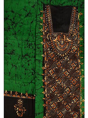 Green and Black Batik Salwar Kameez Fabric from Kolkata with Kantha Hand-Embroidery