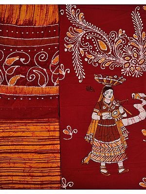 Maroon and Orange Batik Salwar Kameez Fabric with Printed Lady Selling Toys