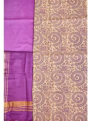 Cream and Purple Salwar Kameez Fabric with Printed Warli Chakra of Life
