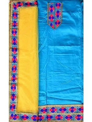 Cyan-Blue and Yellow Phulkari Salwar Kameez Fabric from Punjab with Embroidered Patches and Net Dupatta