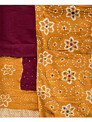 Honey-Mustard and Burgundy Bandhani Tie-Dye Salwar Kameez Fabric from Gujarat with Embroidered-Mirrors