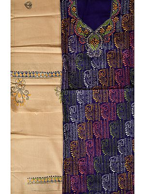 Deep-Blue and Crème-Brulee Salwar Kameez Fabric from Kolkata with Kantha Hand-Embroidery