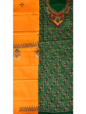 Green and Citrus Kantha Salwar Kameez Fabric from Kolkata with Hand-Embroidered Spirals