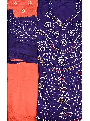 Mulberry-Purple and Spiced-Coral Bandhani Tie-Dye Salwar Kameez Fabric from Gujarat with Hand-Embroidered Mirrors