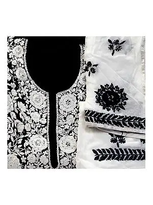Black and White Phulkari Salwar Kameez Fabric with Floral Embroidery from Punjab