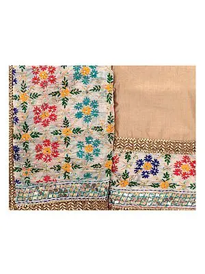 Beige Phulkari Salwar Kameez Fabric from Punjab with Woven Florals and Lace Border