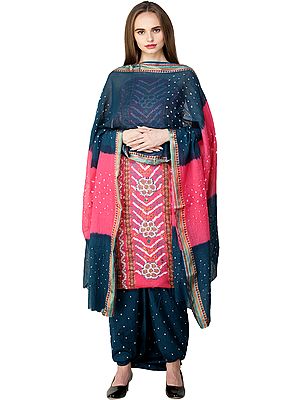 Bandhani Tie-Dyed Salwar Kameez Fabric with Floral Embroidery and Mirrors