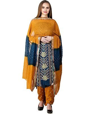 Bandhani Tie-Dyed Salwar Kameez Fabric with Floral Embroidery and Mirrors