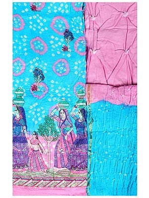 Salwar Kameez Fabric from Gujarat with Embroidered Lady Figures and Bandhani Dupatta