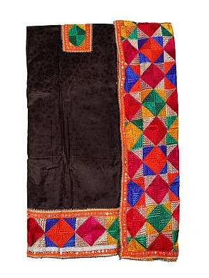 Phulkari Salwar Kameez Fabric from Punjab with Straight-Stitch Embroidery and Patch Border