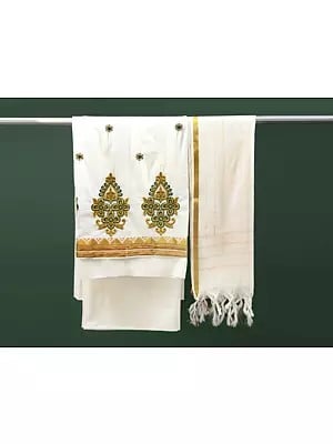 Winter-White Salwar Kameez  Kasavu Cotton Fabric from Kerala with Zari-Embroidery