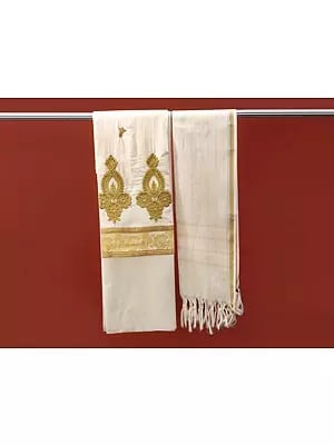 Pristine White Salwar Kameez  Kasavu Cotton Fabric from Kerala with Zari-Embroidery and Woven Stripes