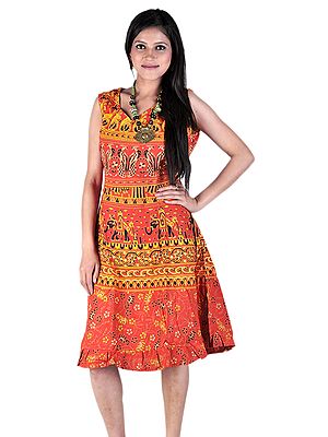 True-Red Sanganeri Summer Dress with Printed Elephants and Flowers