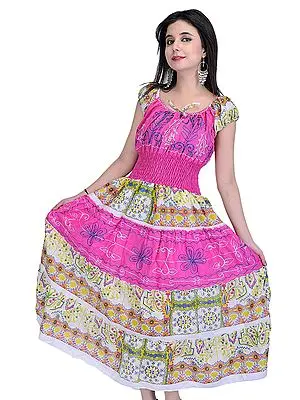 Fandango-Pink Barbie Dress With Printed Flowers and Thread Embroidery