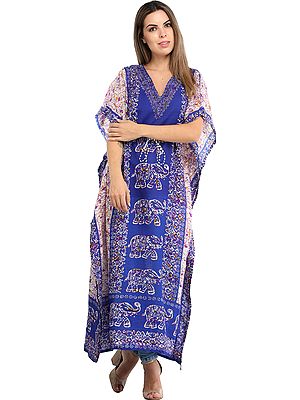 Long Kaftan with Printed Elephants and Dori at Waist