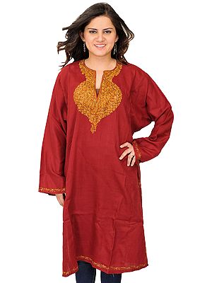 Deep-Claret Phiran from Kashmir with Aari Hand-Embroidery on Neck