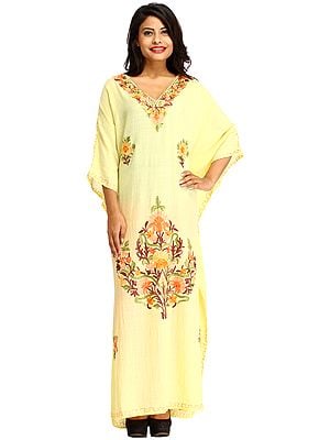 Wax-Yellow Kaftan from Kashmir with Aari-Embroidery