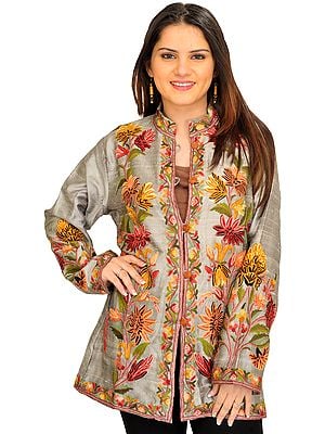 Silver Jacket from Kashmir with Aari Floral-Embroidery