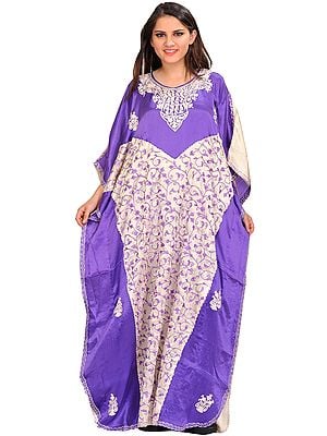 Cream and Purple Kaftan from Kashmir with Aari-Embroidered Paisleys