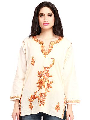 Pearled-Ivory Kurti from Kashmir with Floral Hand-Embroidery