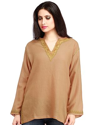 Champagne-Beige Kurti from Kashmir with Aari Hand-Embroidery on Neck