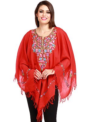 Kashmiri Poncho with Floral Hand-Embroidery on Neck