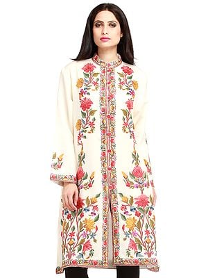 Ivory Kashmiri Long Jacket with Floral Hand-Embroidery in Multi-color Thread