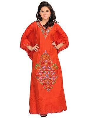 Paprika-Red Kashmiri Kaftan with Aari Embroidered Flowers by Hand
