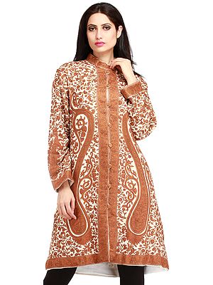 Ivory and Brown Kashmiri Long Jacket with All-Over Hand-Embroidered Paisleys