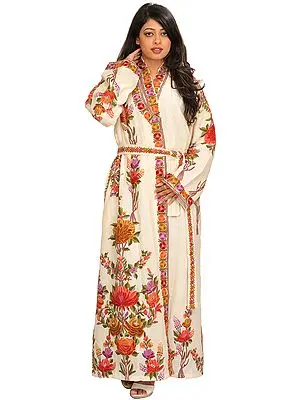 Ivory kashmiri Robe with Aari Hand-Embroidered Flowers in Multi-color Thread